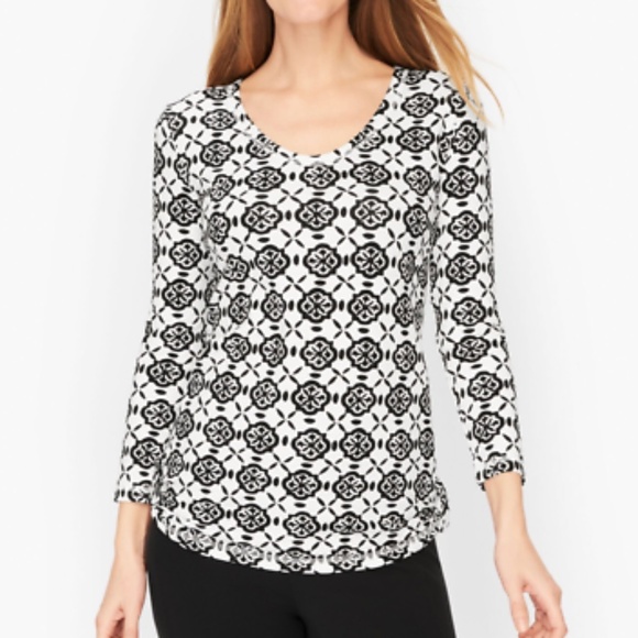 Talbots Sz M Stretch Geometric Black White Elbow Sleeve Blouse Top Shirt - Picture 1 of 9